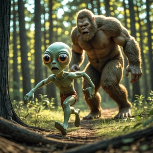 A small, panicking alien, with large, frightened eyes, sprints c...