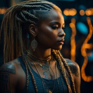 Design a striking photo of a beautiful and dainty black woman lo...