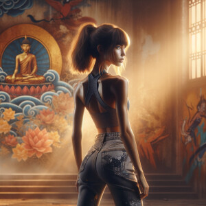 Athletic Thin skinny Attractive, Asian teenage girl, long brown hair and bangs, wearing tight skinny jeans and a halter top paint marks on her clothing, heroic pose Asian graffiti background, backside view