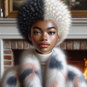 a full body veiw of a colorful gloss hyper realistic oil painting of a regal beautiful light skinned afro  American girlwith beautiful pixie cut one side of hair is black and the other side  of her hair white slick baby hair and furry white and pink and blue furry coat and outfit under the coat standing in living room with fireplace