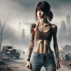 Thin Asian teen girl wearing tight jeans and a halter top Long brown hair and bangs, tattoos on her arms, athletic heroic pose