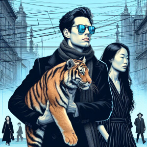 A young man with sunglasses, dressed in a black coat and scarf,...