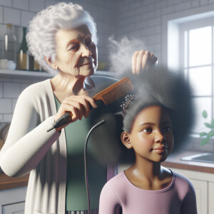 Create a realistic 3-D image of a grandmother in the kitchen with her granddaughter. The grandmother has a hot comb in her hair and she is straightening her granddaughters hair. One side of her granddaughters hair is in an Afro the other is bone straight 
There is smoke coming from the hot comb