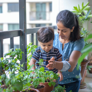 A modern young Indian brown mother having a small herb garden wi...