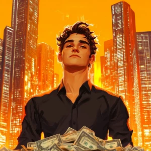 Create a character portrait of a man standing on a mountain of m...