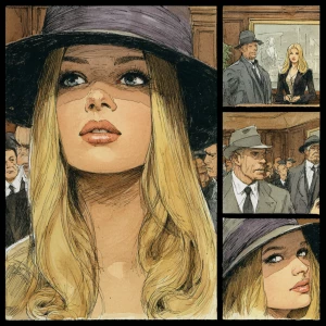 Brigitte bardot in a noir movie, by milo manara, four Frames