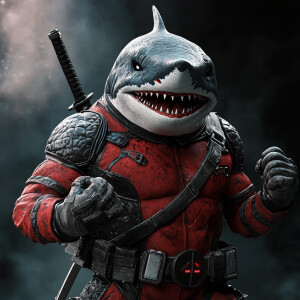 An anthropomorphic shark dressed in a fitted Deadpool costume,...