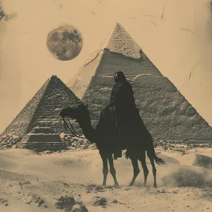 A mysterious queen riding past the great pyramids on a camel, go...