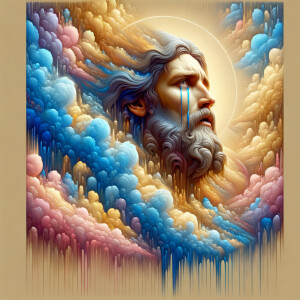 Create a 3-D realistic oil, painting brown 
Jesus Christ coming in the blue, gold, pink and white clouds with great power and glory up close, tears rolling down his face,