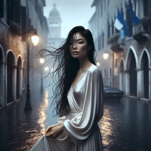 A cinematic scene featuring a woman with long, flowing wet hair...