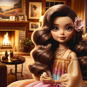 Create an image of a stylized, Latino doll-like girl seated in a cozy living room with a warm fireplace. She has voluminous, wavy hair cascading over her shoulders, tinted with shades of chestnut and mocha. Her large, expressive eyes are a deep brown, fringed with long, fluttery lashes. A delicate pink flower tucks behind one ear, complementing her youthful glow. She wears a gold, pink, and blue body on dress with soft, flowing fabric that drapes elegantly over her small frame. Around her neck is a dainty necklace adorned with beads and a gentle sprinkle of gemstones reflecting subtle light. In her hand, she holds a pearly seashell as a charming accessory. Behind her, the living room is inviting, with plush furnishings, a mantelpiece adorned with family photos and trinkets, and a crackling fireplace that casts a comforting glow and dancing shadows around the room, enhancing the ambiance of a serene home setting