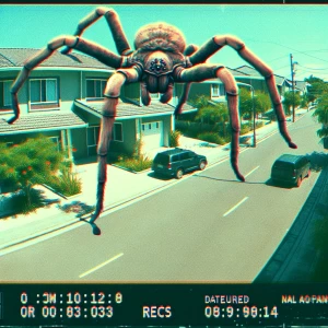 A high-angle surreal CCTV camera scene of a large spider creatur...