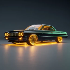 A stunning 64 Chevy impala on Dayton 100 spoke 20 inch gold rims...