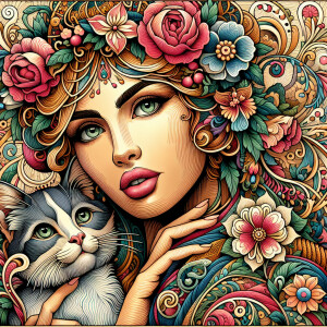 A portrait of a stunning woman with flowers in her hair while ho...