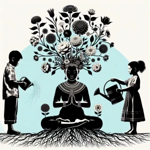 Create an image depicting the silhouette of a curvy woman seated...