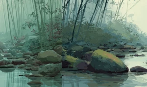A tranquil Japanese forest river with smooth stones and gentle s...