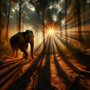 Generate an image of an elephant strolling through a dense fores...