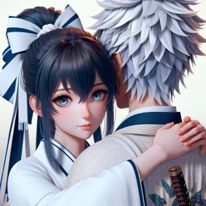Realistic anime woman with dark blue hair and dark brown eyes we...