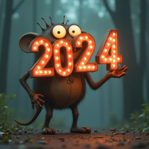 "An anthropomorphic '2025' sign, with gleaming numbers and cheer...