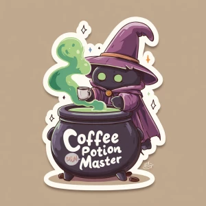 A wizard in a cloak brewing coffee in a magical cauldron, sparks...