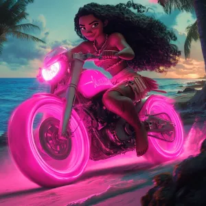 Create an image of the character Moana riding a motorcycle with...