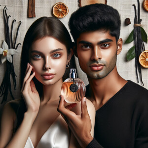 Young woman and man holding up-close of their face a bottle of p...