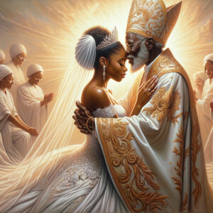 Imagine a hyper-realistic oil painting that captures a tender moment between theAfrican American bride and her God. The setting is intimate and filled with soft, warm lighting that enhances the emotional depth of the scene. The bride, in herexquisite wedding gown, shares a heartfelt embrace with her african-American Lord Jesus , who is dressedin an elegant outfit that complements the wedding's color scheme. Their expressions are full of love, pride, and joy, reflecting the special bond between them. Theattention to detail is paramount, from the intricate designs of their dresses to the subtle emotions conveyed in their facial expressions. The background is a blur ofgentle pastel hues, ensuring that the focus remains on this touching moment. Thispainting should convey the warmth, love, and depth of the relationship, with the rich textures and vibrant strokes characteristic of oil paintings, capturing the essence of this significant pre-wedding moment.