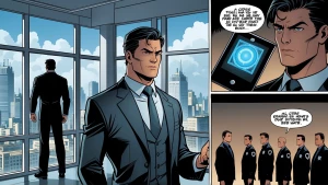 Panel 1: The Corporate Office
A clean, sterile, and modern offi...