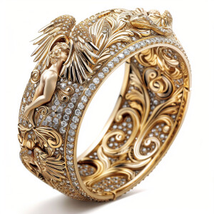 Elegant cuff bracelet featuring angel motifs and shimmering diam...