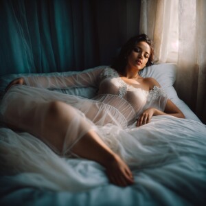 Beautiful woman waking up laying in bed wearing a transparent ne...