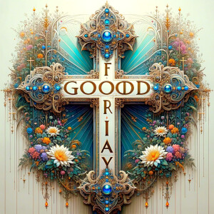 Create an image of a majestic cross, larger in size, with a harm...