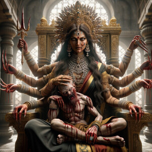 portrait of intense looking, four-armed indian goddess sitting...