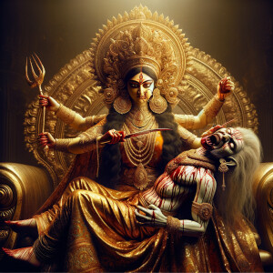 portrait of angry looking goddess durga sitting on a gold crown...