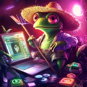 Pepe the Frog wearing a straw hat and holding a pitchfork, sitti...