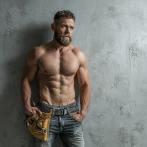 Create an image of a muscular, hairy-chested construction worker...