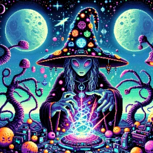 A detailed 16-bit alien witch casting a magical spell on an alie...