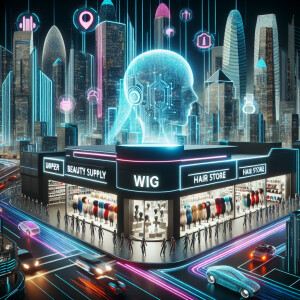 Futuristic beauty supply store, wig store, hair store hologram