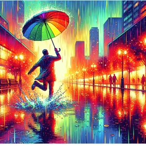 Vibrant color palette, rainy spring day: a person holding a brig...