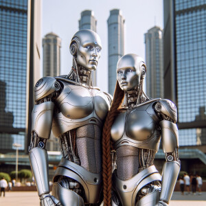 Пара человекоподобных роботов с металлическими телами и длинными...