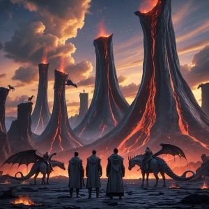 Mythic pre-Valyrian volcanic landscape under a twilight sky stre...