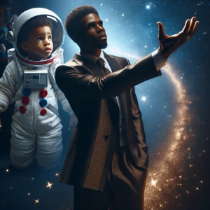 A debonair man who is an astronaut reaches for the stars in the...