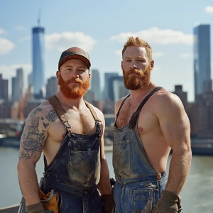 Mike and Alex, two master builders in their 30s with sculpted mu...