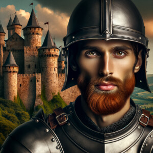 A Knight with his helmet off. He is 30 years old with red hair and beard, his eyes are chestnut brown. He is tall and strong.