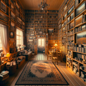 Interior of a low bright room with bookshelves, paintings and wi...
