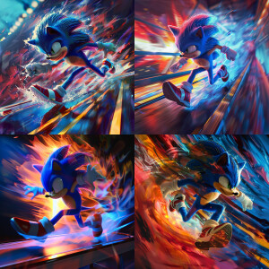A photorealistic image of Sonic sprinting at light speed on a tr...