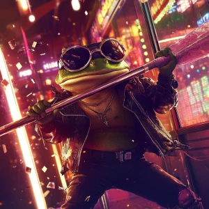 MEME PEPE frog wearing sunglasses and a leather jacket, mid-swin...