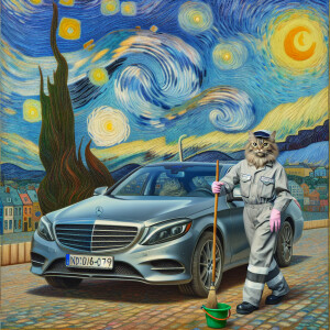 Кот дворник с именем дима за рулем серого мерседеса