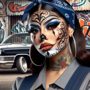 Create an image featuring a Latina woman with  chicana clown mak...