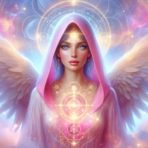A celestial divine feminine Taurus figure with glowing blue eye...