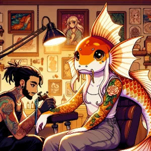 In a warmly lit, cozy and cluttered tattoo studio, walls covered...